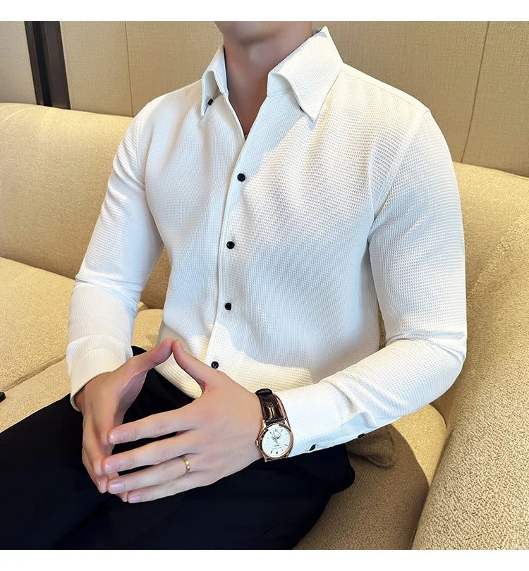 Autumn Solid Color Waffle Shirt Men Slim Fit V Neck Long Sleeve Casual Business Formal Dress Shirts Social Party Streetwear 4XL