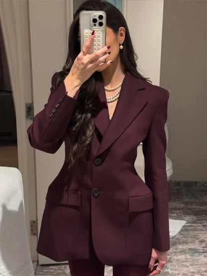 Elegant Suit Collar Shoulder Pads Blazer Women Slim Fit Single Breasted Long Sleeved Jackets Female 2025 Spring High Street Tops