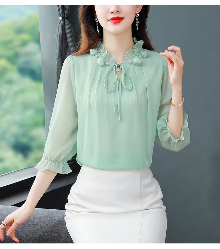 M-4XL Spring Summer Women Tops 2025 New Fashion Chiffon Blouse Petal Collar Half Sleeve Bow tie Loose Casual Shirt