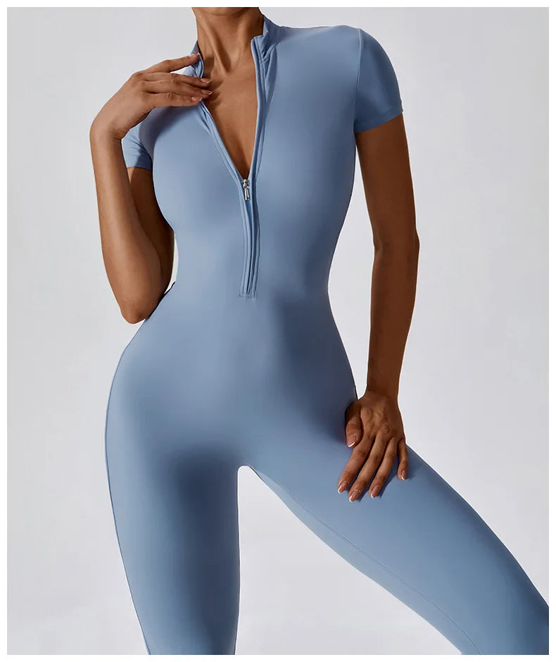 Yoga Set Women's Jumpsuits One-Piece Suit Zipper Short Sleeve Gym Push Up Workout Clothes Fitness Bodysuit Sportswear Tracksuit