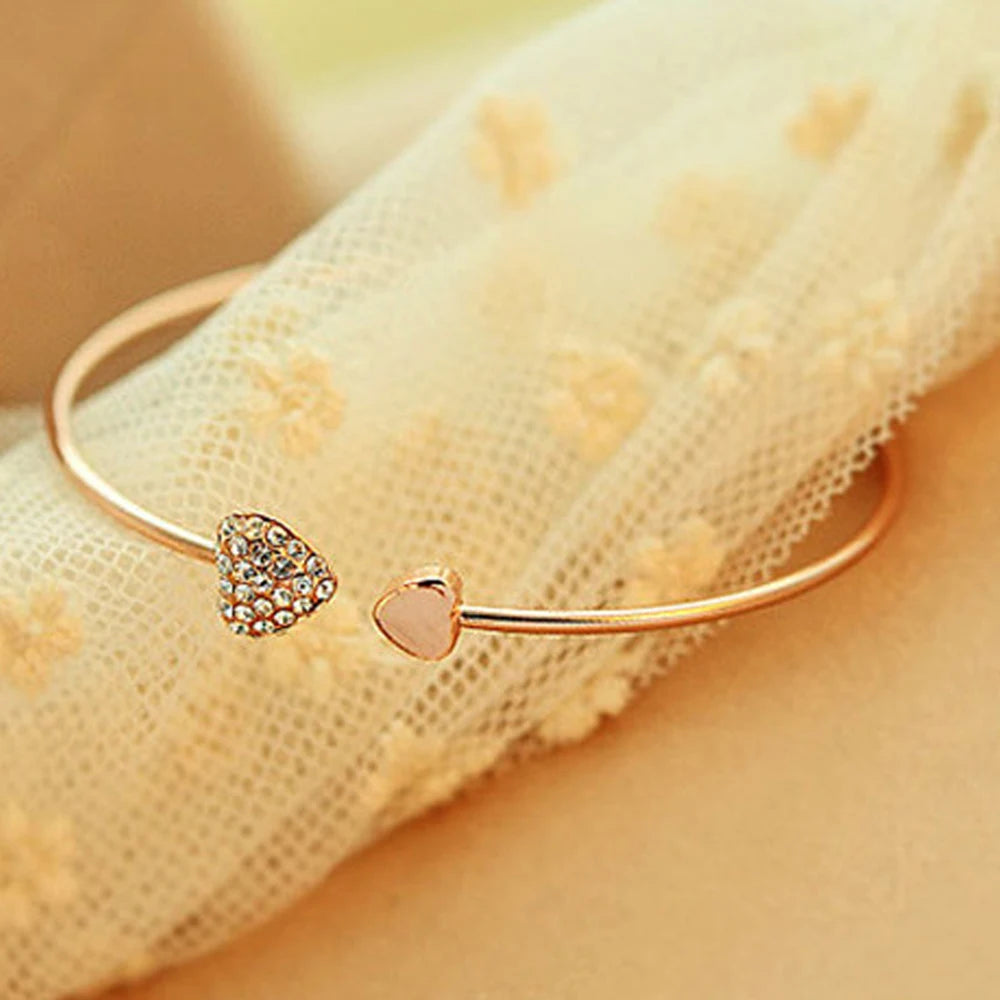 2025 Hot New Fashion Adjustable Crystal Double Heart Bow Bilezik Cuff Opening Bracelet For Women Jewelry Gift Mujer Pulseras