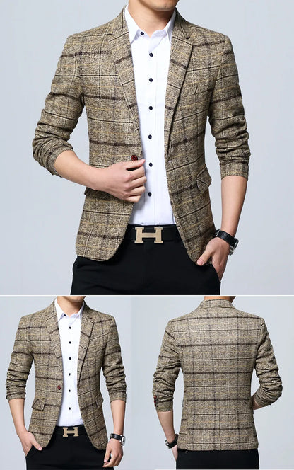 New Men Blazers 5XL Spring British Style Plaid Male Slim Fat Business Casual Blazer Coat Men Suit Jacket Men Blazer Slim Fit