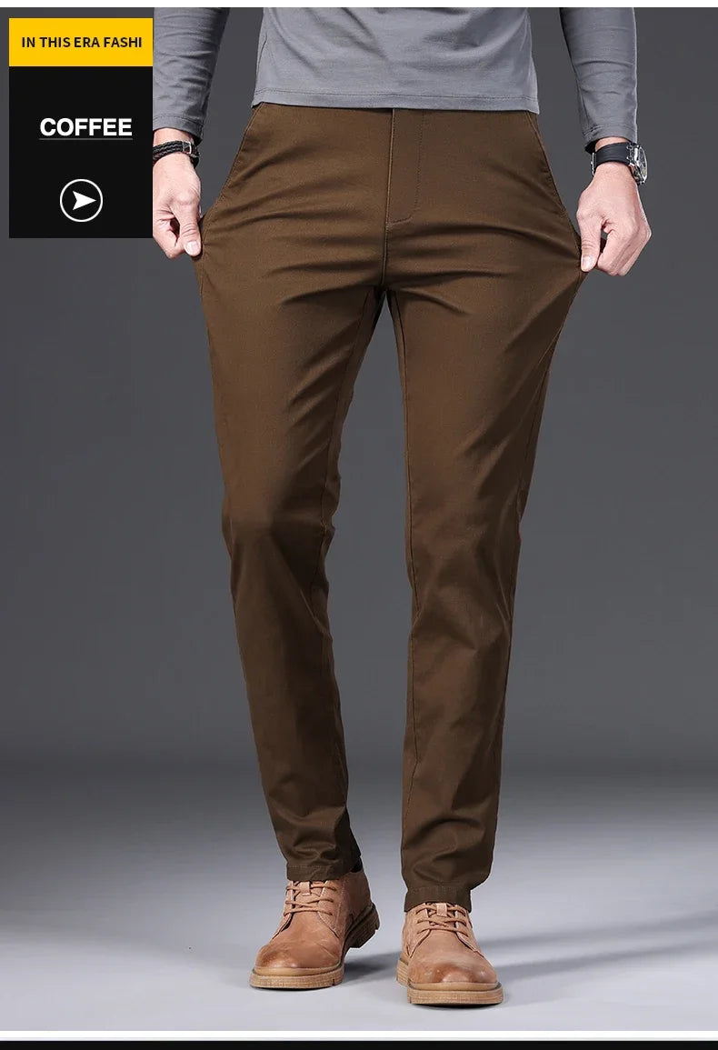 97% Cotton Men's Casual Pants Autumn Fashion Comfortable Elastic Slim Straight Business Trousers Black ArmyGreen Khaki