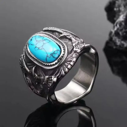 New Ring Gemstone Fashion Turquoise Men's Ring Inlaid with Blue Zircon Eagle Domineering Men's Jewelry, The Best Exquisite Gift