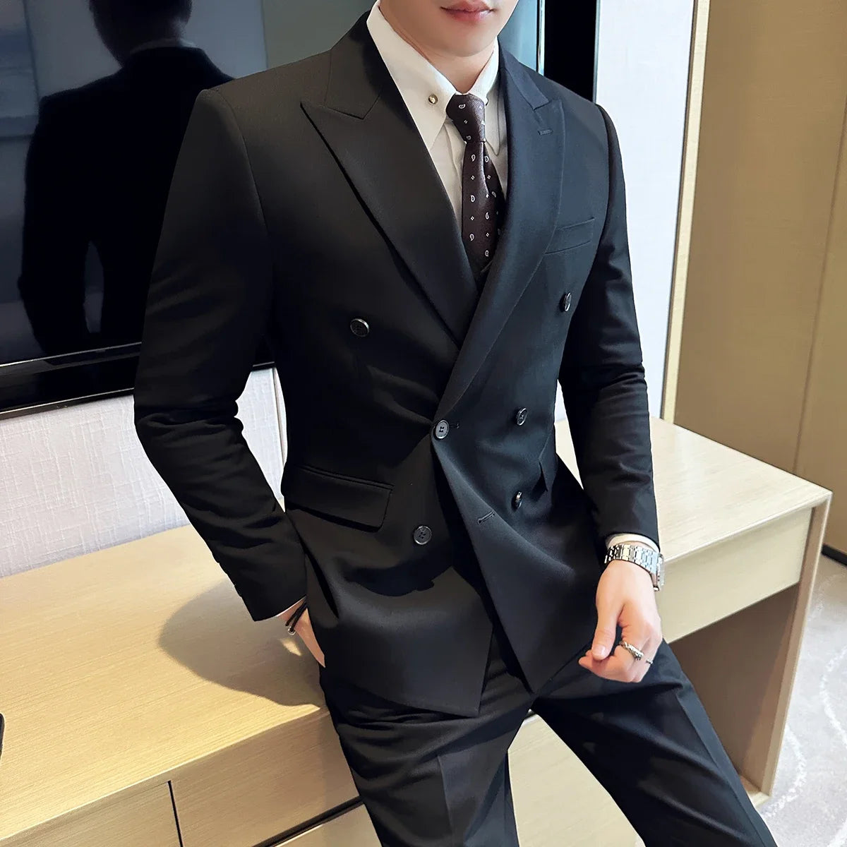 British Style Double Breasted Design Men's Suit Formal Business Slim Fit Casual Suits Sets Men Wedding Party Tuxedo 3 Pieces Set