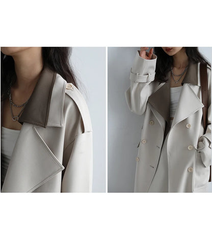 CHIC VEN Women Trench Coat Solid Loose Contrast Double Collar Double Breasted Long Women's Windbreaker Office Lady Spring Autumn