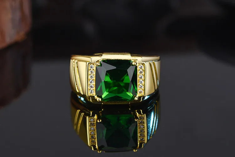 HOYON four-claw emerald domineering 14K gold color men's ring fashion square diamond emerald style ring for gift