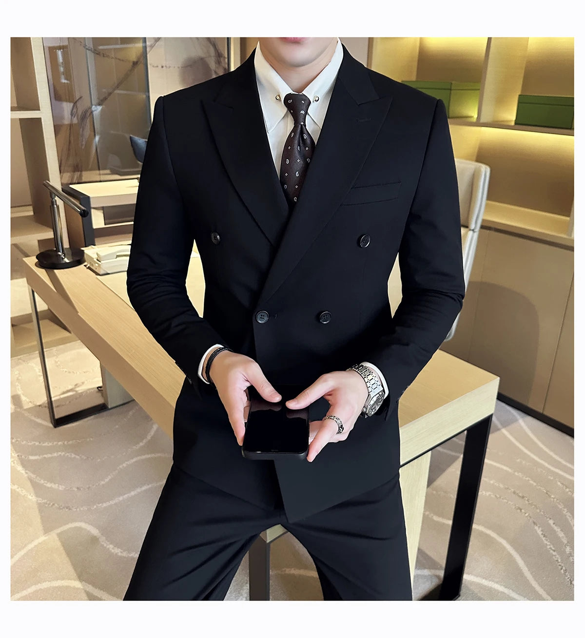 British Style Double Breasted Design Men's Suit Formal Business Slim Fit Casual Suits Sets Men Wedding Party Tuxedo 3 Pieces Set