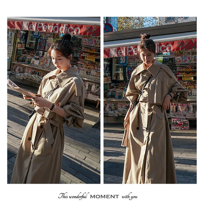 Lautaro Spring Autumn Extra Long Flowy Oversized Casual Trench Coat for Women Belt Double Breasted Loose Korean Fashion 2025