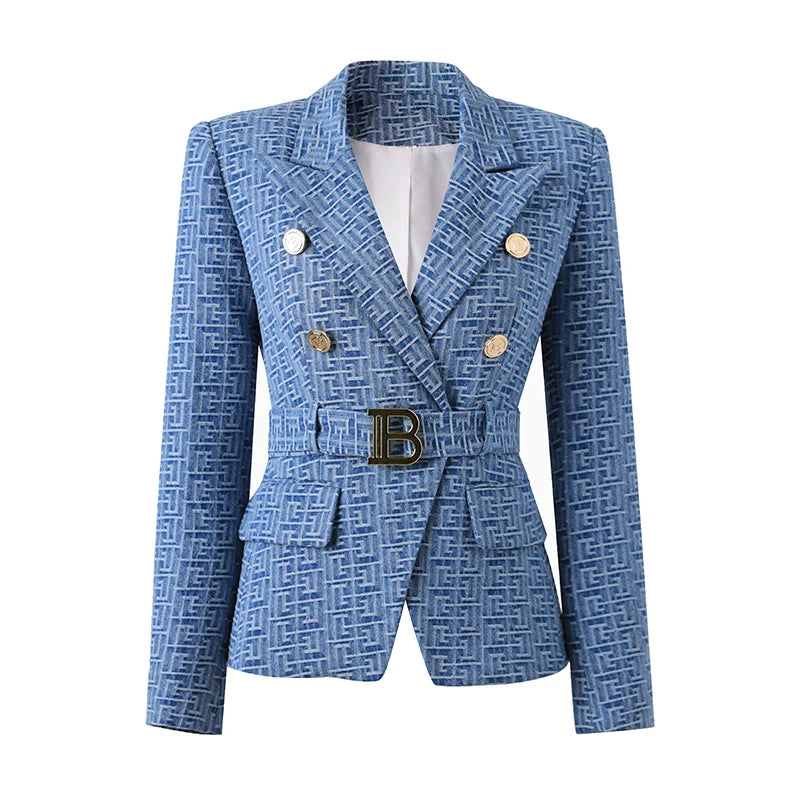 Custom Luxury Washed Fabric Wholesale Geometric Pattern Denim Jackets for Ladies Women Fashion Blazer with Belt