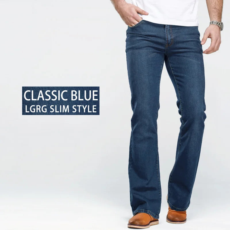 Mens Boot Cut Jeans Slightly Flared Slim Fit Blue Black Trousers Designer Classic Male Stretch Denim Pants