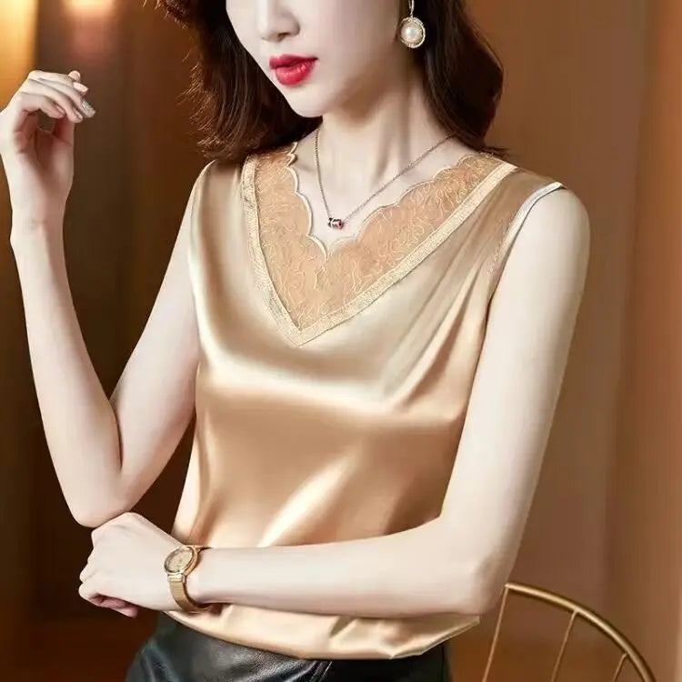 Woman T-shirts Elegant SILK Satin Blouse Sleeveless Female Summer Casual Loose Tanks and Camis Solid Green Tops for Women