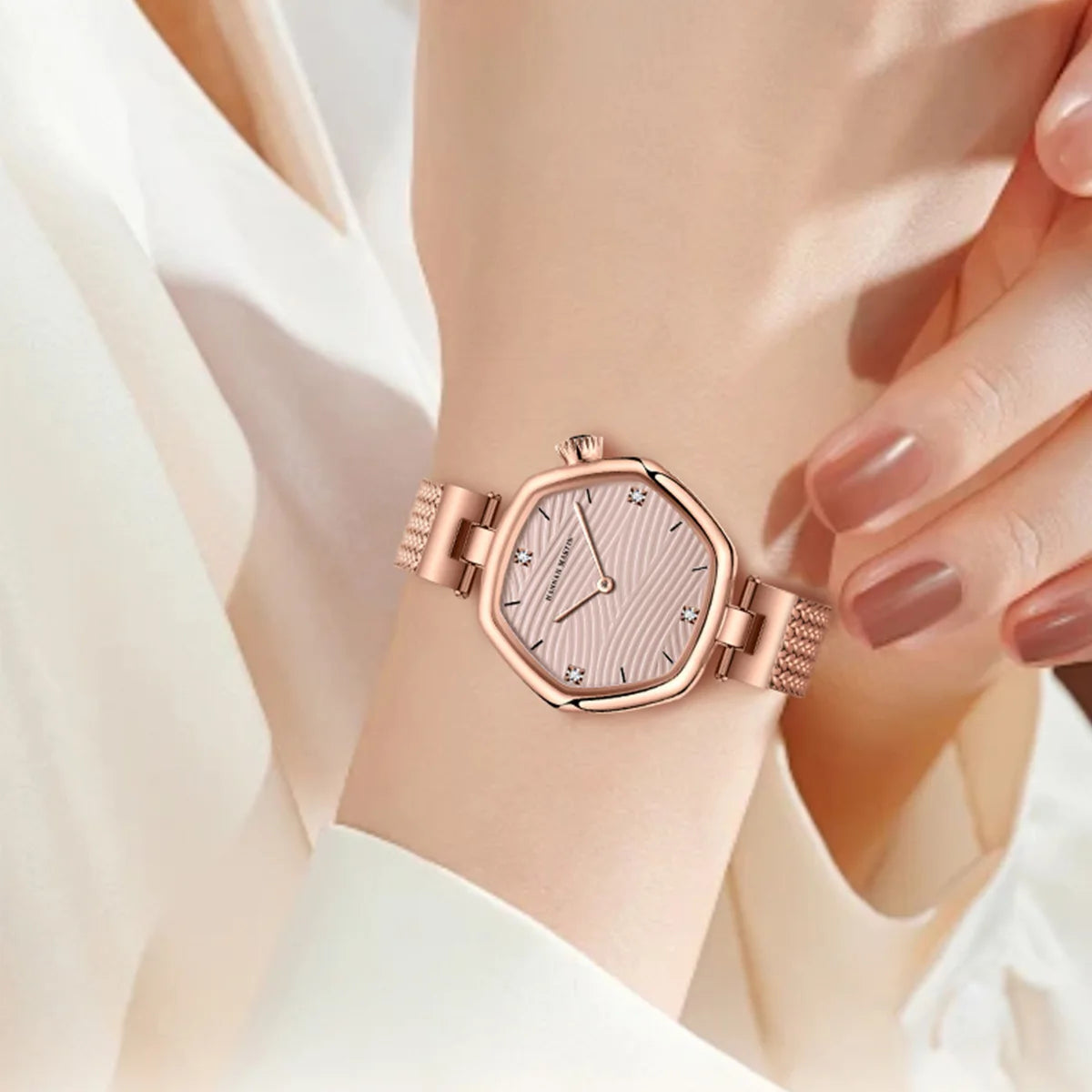 Hannah Martin Top Brand Women Stainless Steel Mesh With White Rose Gold Clock Original Japanese Quartz Movement Luxury Watches