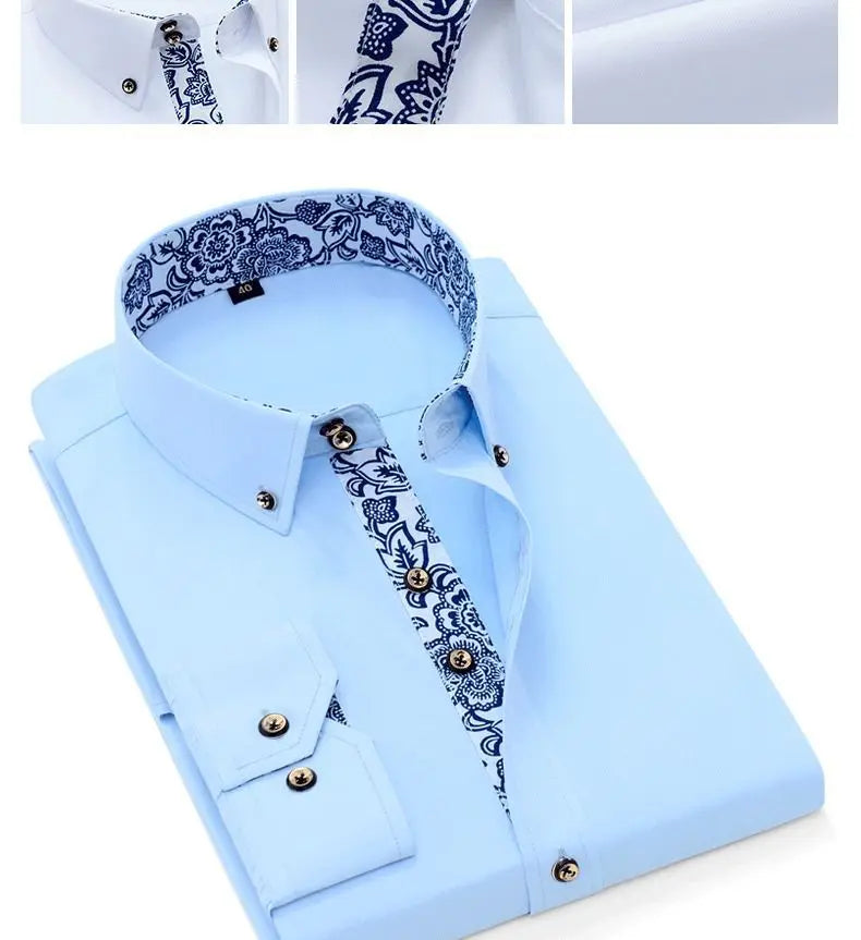 Blue and White Men's Dress Collar Shirt Long Sleeve Solid Color Printing Casual Business Slim Fit Cotton Shirts Anti-Wrinkle