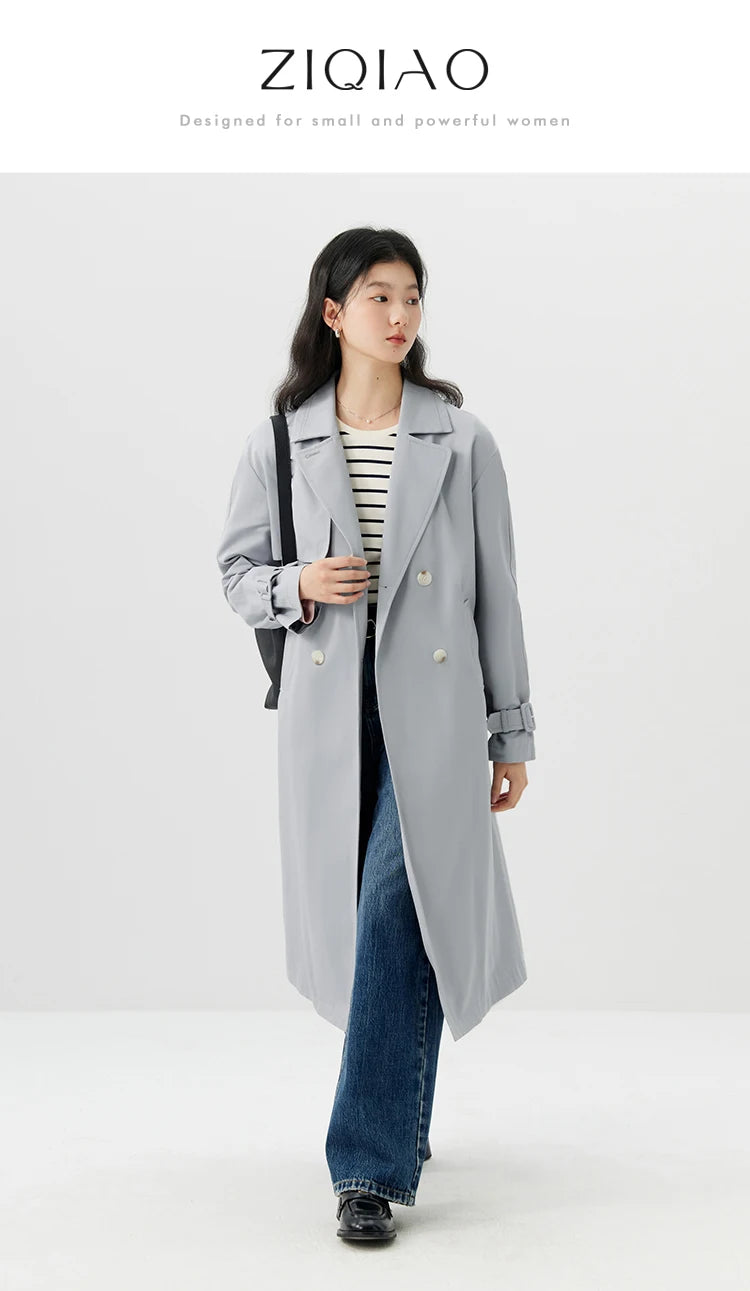 ZIQIAO Simple Double Breasted Long Straight Spring Trench Raglan Sleeve Turn-down Collar Female Blue Grey Trench Coat 24ZQ91232