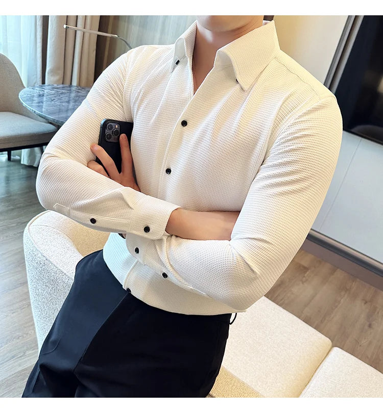 Autumn Solid Color Waffle Shirt Men Slim Fit V Neck Long Sleeve Casual Business Formal Dress Shirts Social Party Streetwear 4XL