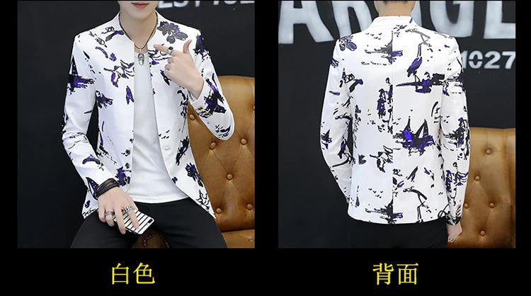 Men's Printed Small Suit Male Korean Version of The Self-cultivation Stand-up Collar Chinese Tunic Casual Suit Thin Jacket Youth