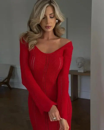 Articat Elegant Knitted Sweater Long Sleeved V-neck Dress Women Slim Hollow Out Female Vesidos Party Club Evening Dress Vacation