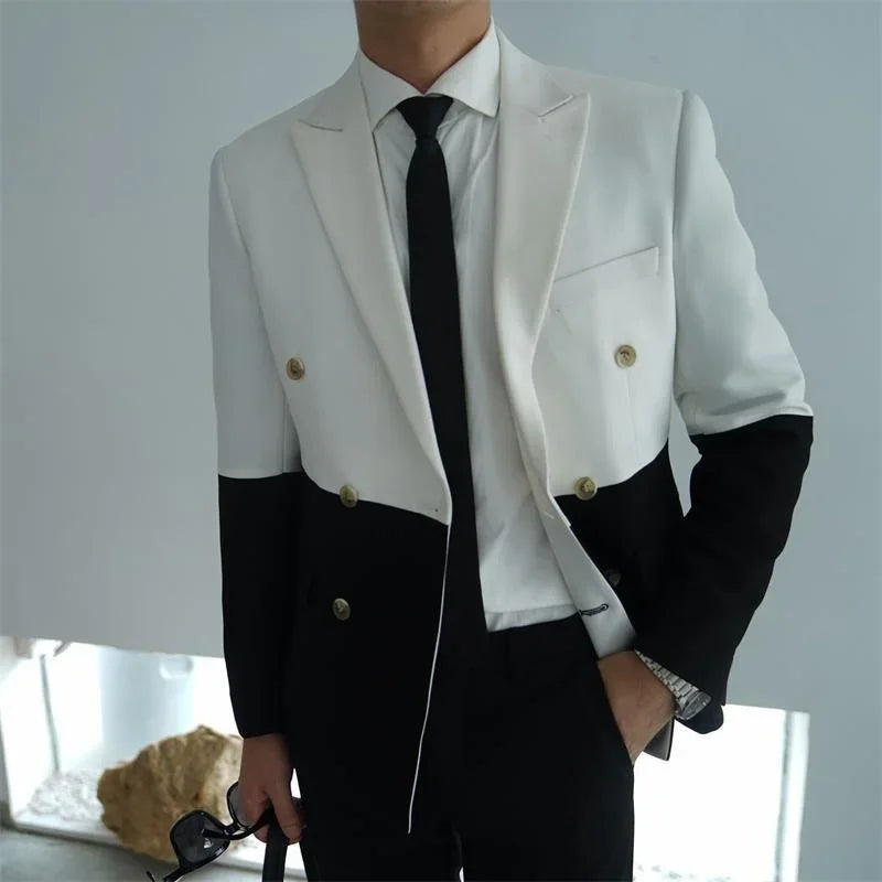 Men's Blazer Hombre Semi-Black Red White Double-Breasted Blazer Masculino Slim Wedding Prom Fashion Stitching Men's Blazer Men