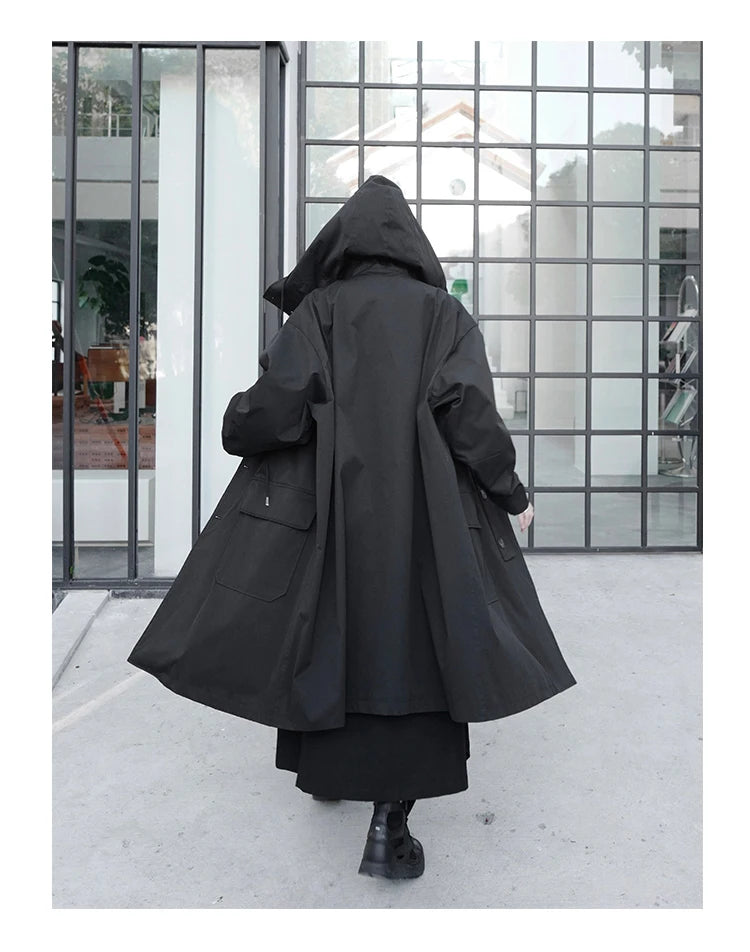 Lautaro Spring Autumn Long Oversized Black Trench Coat with Hood  Dark Academia Aesthetic Luxury Designer Clothes for Women 2022