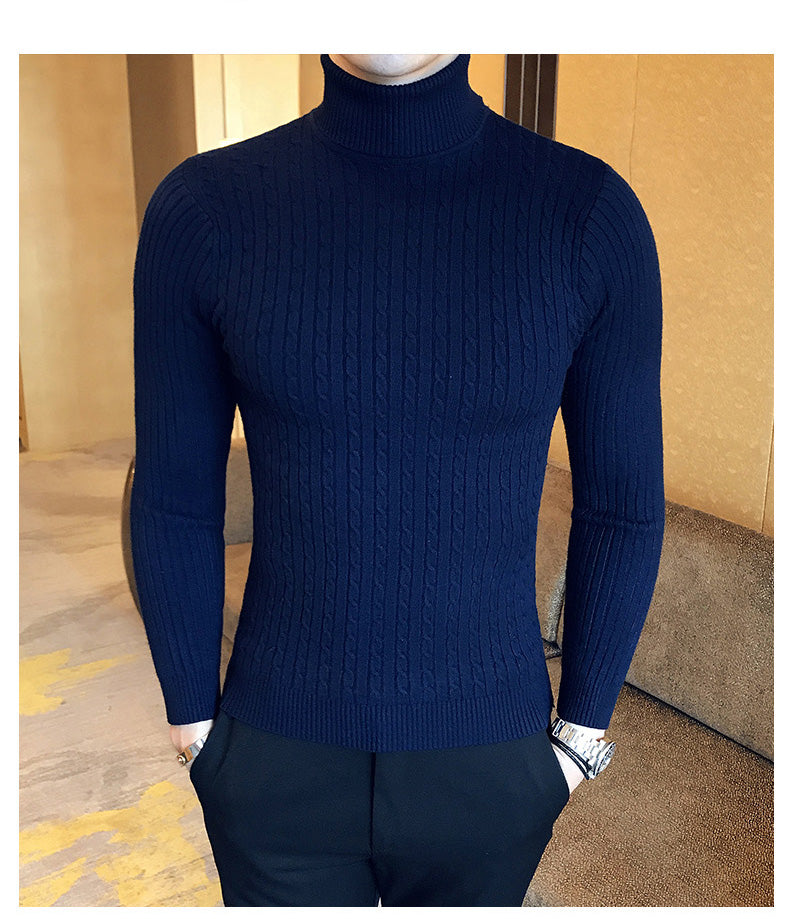 Mens Turtleneck Sweaters Winter Warm Knit Pullover Korean Cotton Solid Color Casual Slim Sweater Male Clothing Bottoming Shirt