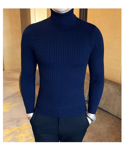 Mens Turtleneck Sweaters Winter Warm Knit Pullover Korean Cotton Solid Color Casual Slim Sweater Male Clothing Bottoming Shirt