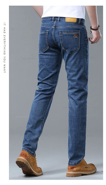 Spring Men's Light Blue Slim Jeans Stylish Casual Stretch Fabric Denim Pants Classic Trousers Smoke Gray