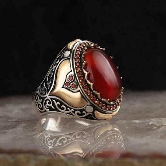 Trendy Handmade Middle East Arabic Turkish Signet RingS For Men Ancient Silver Color Red Garnet Stone Flame Ring Wedding Jewelry