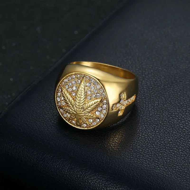 Hip hop micropaved zircon maple leaf signet ring classic men's rock punk casual jewelry