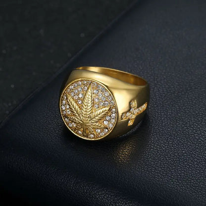 Hip hop micropaved zircon maple leaf signet ring classic men's rock punk casual jewelry