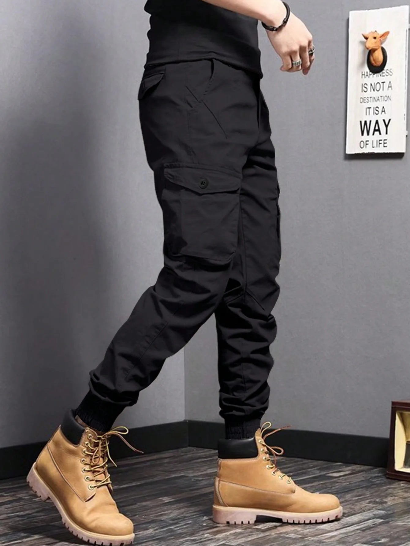 Casual Side Flap Pockets Workwear Tapered Pants, Men's Cargo Pants For Spring Fall Outdoor