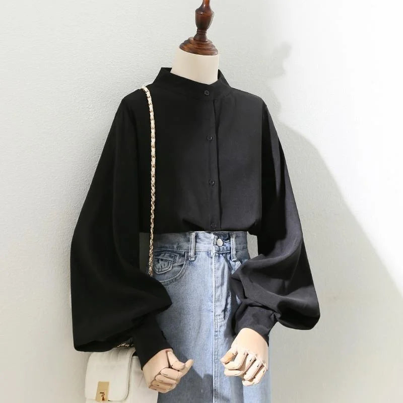 Woman Spring Autumn Style Blouses Shirt Lady Long Lantern Sleeve Stand Collar Loose Blusas Tops DF4847