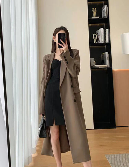 Long Trench Coat Women Office Lady Elegant Double Breasted Blazer Jacket Streetwear Overcoats Korean Harajuku Casual Windbreaker