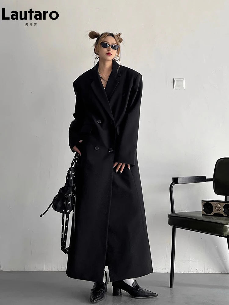 Lautaro Spring Autumn Long Grey Black Trench Coat for Women Double Breasted Loose Casual Korean Fashion Clothing Blazer 2025