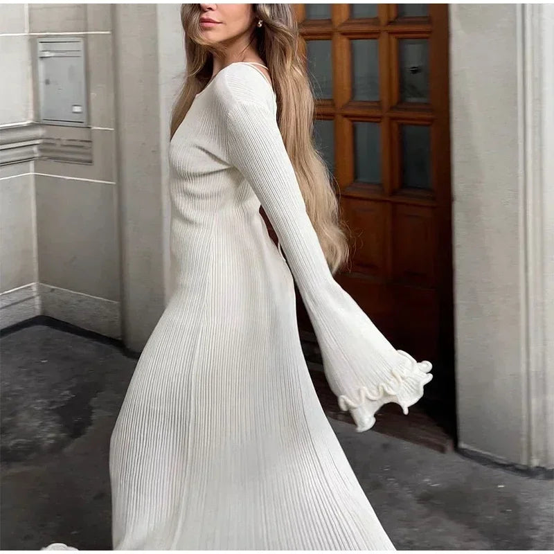 Elegant Women's Ruffles Hem Flare Sleeve Knitted Long Dress Chic Backless Lace Up Round Neck Vestido New Female Vacation Robes