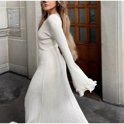 Elegant Women's Ruffles Hem Flare Sleeve Knitted Long Dress Chic Backless Lace Up Round Neck Vestido New Female Vacation Robes