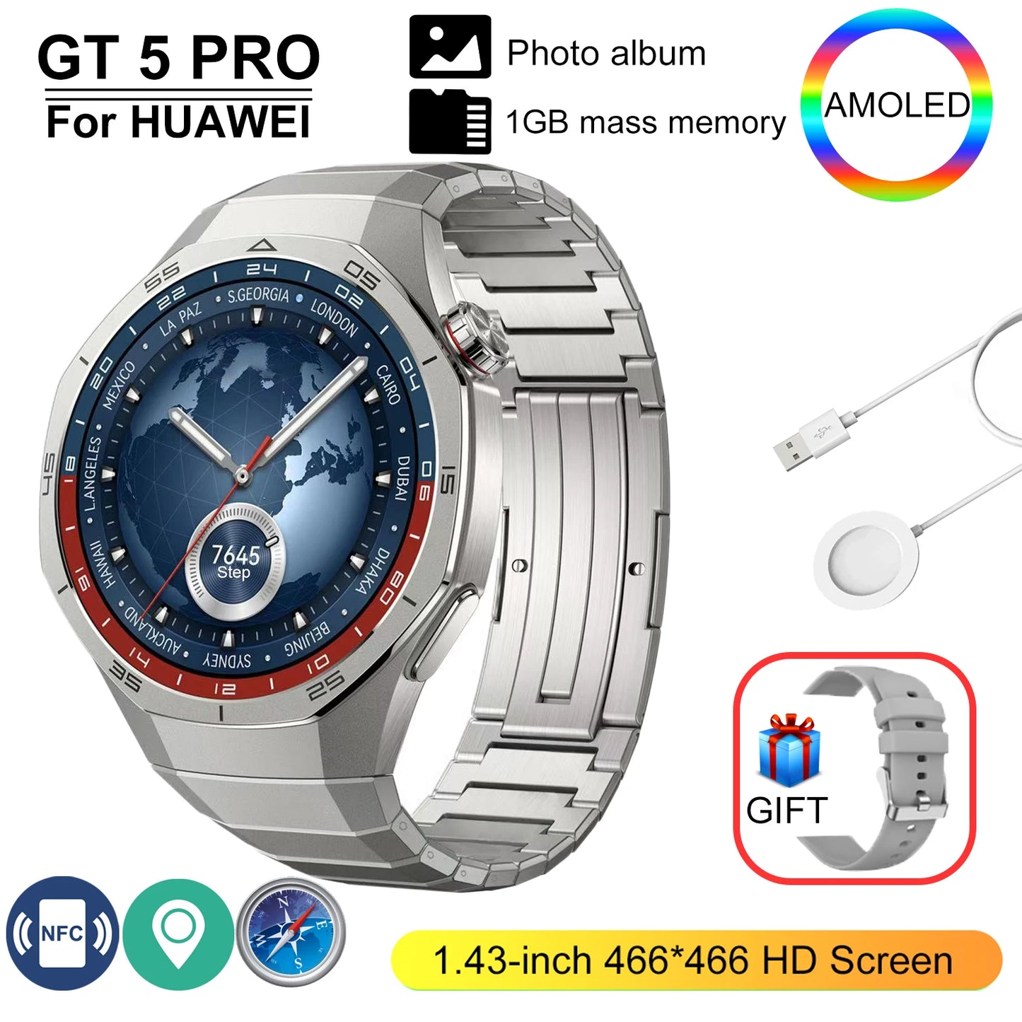 New GT 5 Pro Smart Watch Men Women 1GB Memory 466*466 HD Screen SmartWatch Heart rate Blood oxygen GPS tracker NFC Smartwatch