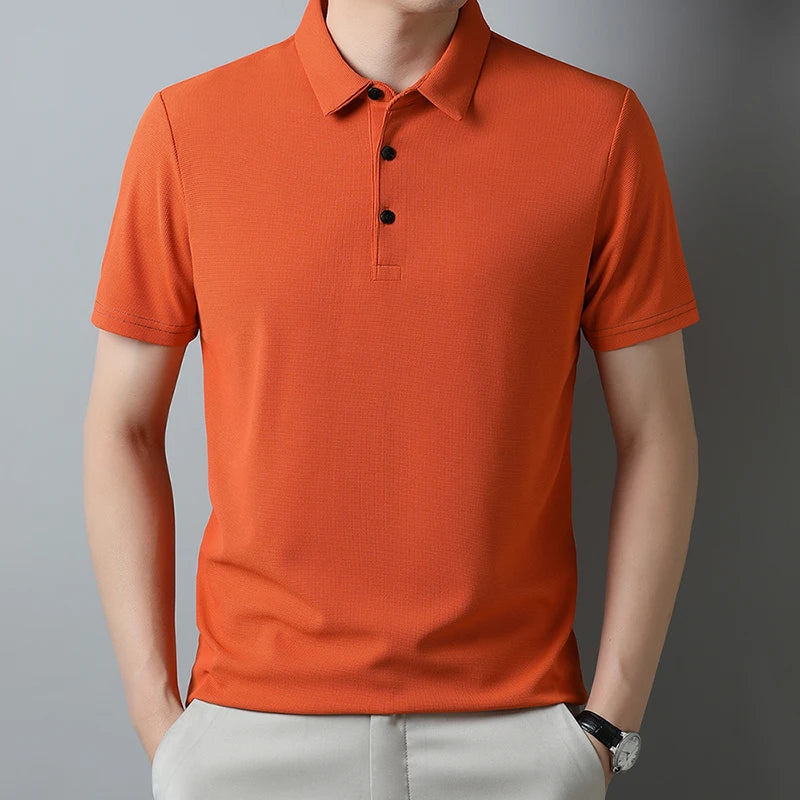 Men's Fashion Waffle Solid Short Sleeved Polo Shirt Summer Breathable Comfortable Top