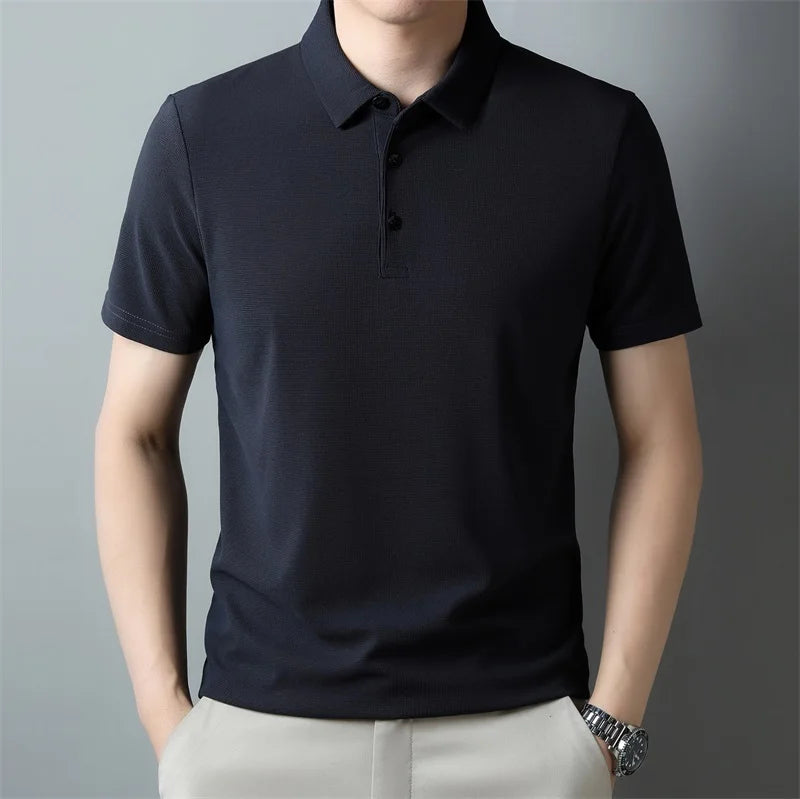 Men's Fashion Waffle Solid Short Sleeved Polo Shirt Summer Breathable Comfortable Top