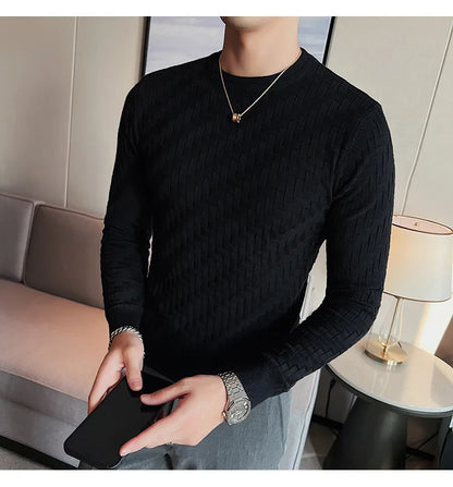 2025 Stretchable Jacquard Woven Winter Crew Neck Sweater Men's Slim Fit Pullover Knitwear Blue, Fashionable Check Pattern