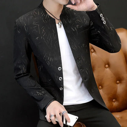 Men's Printed Small Suit Male Korean Version of The Self-cultivation Stand-up Collar Chinese Tunic Casual Suit Thin Jacket Youth