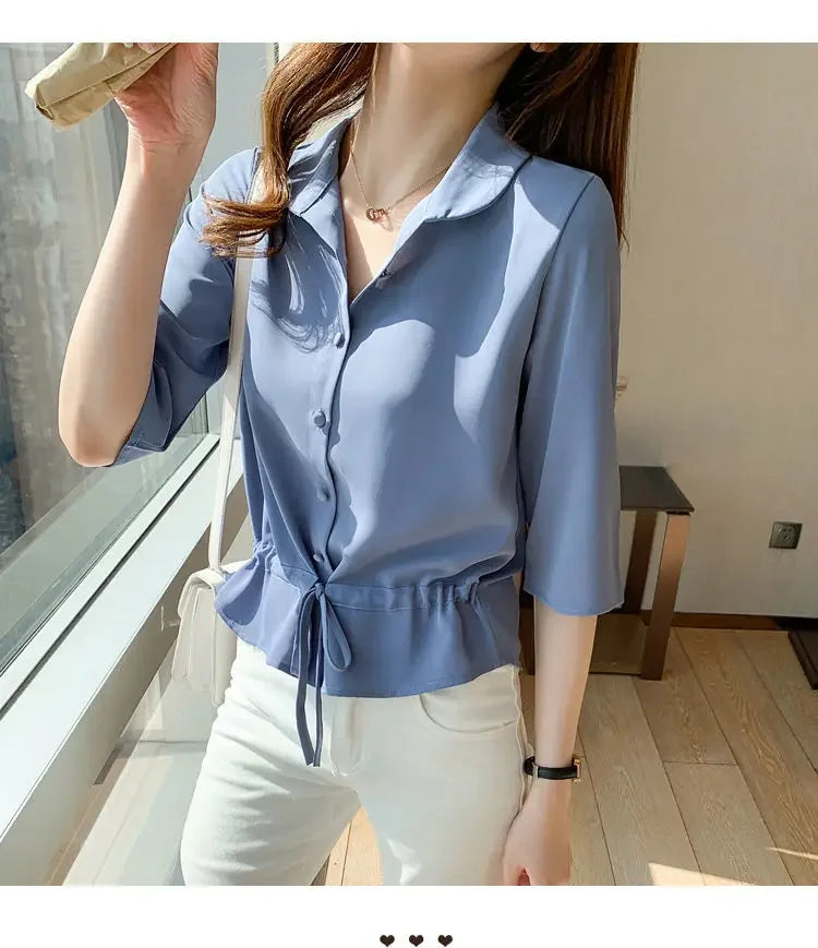 Summer Women All-match Solid Turn-down Collar Half Sleeve Chiffon Shirt Fashion Casual Shirring Single-breasted Blouses Female