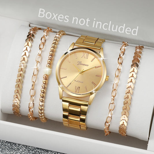 6PCS Women's Watch Fashion Gold Steel Band Quartz Watches Bracelets Set（Without Box）