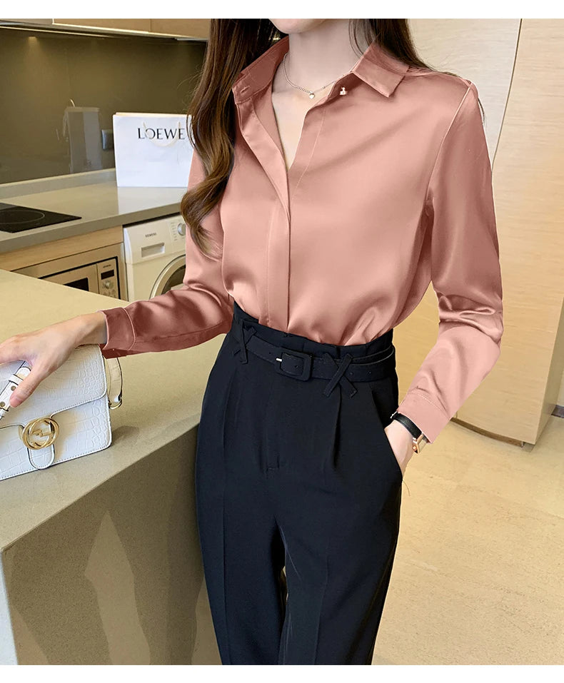 Satin Women Shirt Vintage Long Sleeve Blouse Women Silk Elegant Womens Tops Commuting Luxury White Shirt Autumn Female Clothing