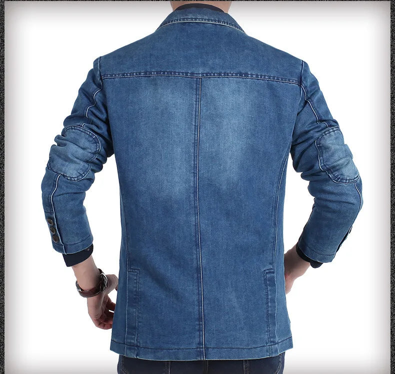 Men's New Blue Denim Suit Jacket with Loose Long Sleeved Design V-neck Casual Coats Black Gray Blazers M-XXXXL