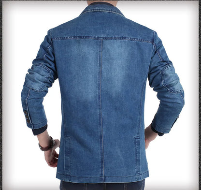 Men's New Blue Denim Suit Jacket with Loose Long Sleeved Design V-neck Casual Coats Black Gray Blazers M-XXXXL