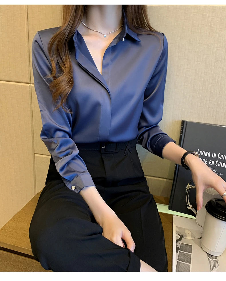 Satin Women Shirt Vintage Long Sleeve Blouse Women Silk Elegant Womens Tops Commuting Luxury White Shirt Autumn Female Clothing