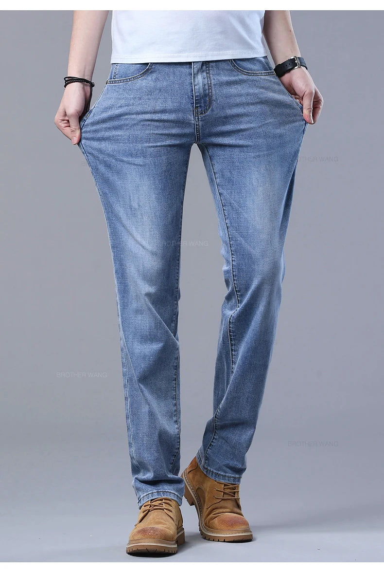 Spring Men's Light Blue Slim Jeans Stylish Casual Stretch Fabric Denim Pants Classic Trousers Smoke Gray