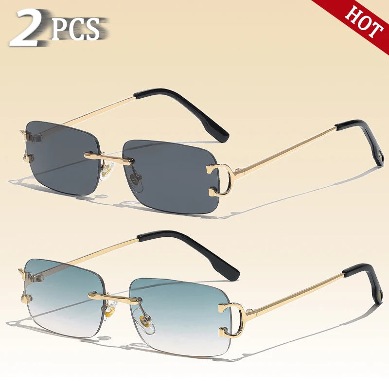 CATERSIDE Rectangular Sunglasses Men Rimless White Copper Small Square Sun Glasses For Women Gradient Lens Outdoor Eyewear UV400