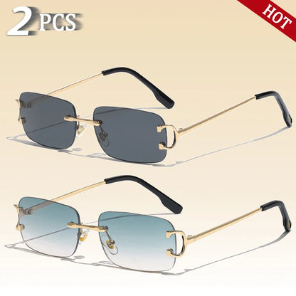 CATERSIDE Rectangular Sunglasses Men Rimless White Copper Small Square Sun Glasses For Women Gradient Lens Outdoor Eyewear UV400